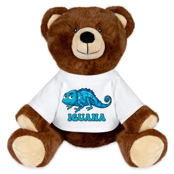 Blue Iguana Cartoon with IGUANA Text - MiniFeet® RecycelBär® Teddy Bear Brown - white - Front