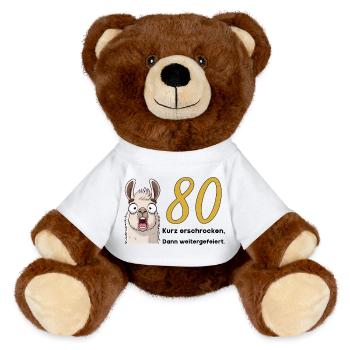 80 Geburtstag – Kurz erschrocken, dann gefeiert - MiniFeet® RecycelBär® Braun - Weiß - Vorne