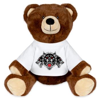 Hund Cerberus Totem, Drei Köpfe, Rote Augen - MiniFeet® RecycelBär® Braun - Weiß - Vorne