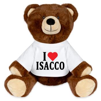 nom t-shirt J’aime Isaac idée cadeau t-shirt - Nounours RecycelBär® marron - blanc - Devant