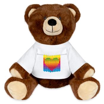 Knitted stitches in rainbow colours with heart motif - MiniFeet® RecycelBär® Teddy Bear Brown - white - Front