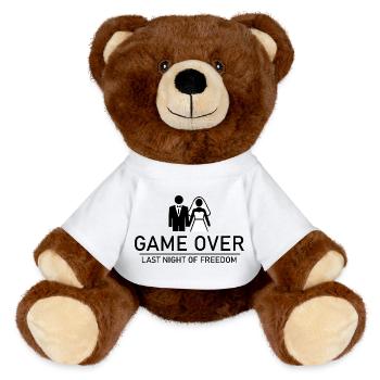 Partie terminée – Dernière nuit de liberté Hochzeit JGA - Nounours RecycelBär® marron - blanc - Devant