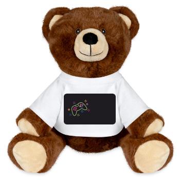 Bunter Spielecontroller auf schwarzem Hintergrund - MiniFeet® RecycelBär® Braun - Weiß - Vorne