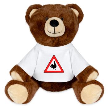 Chicken warning sign with humor - MiniFeet® RecycelBär® Teddy Bear Brown - white - Front