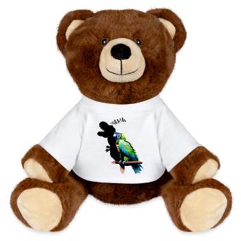 lustiger T-Rex Papagei Gelb Blau Ara Macaw - MiniFeet® RecycelBär® Braun - Weiß - Vorne