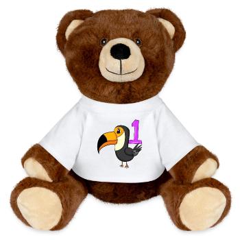 Zahl 1 Nummer Eins - Tukane Vogel Motiv - MiniFeet® RecycelBär® Braun - Weiß - Vorne