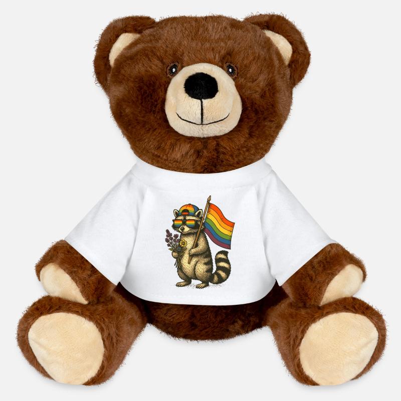 Waschbär Pride mit Regenbogenflagge - MiniFeet® RecycelBär® Braun - Weiß