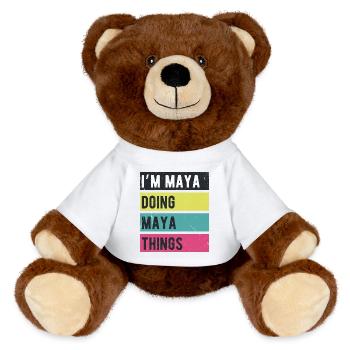 Ich bin Maya und mache Maya-Dinge Retro-Farben - MiniFeet® RecycelBär® Braun - Weiß - Vorne
