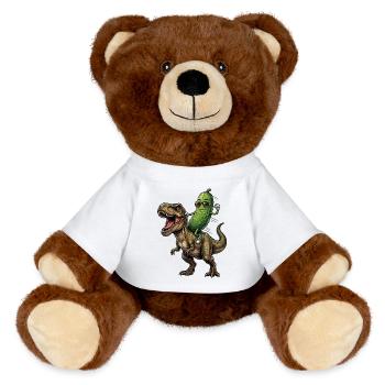Saure Gurke reitet auf Dinosaurier - MiniFeet® RecycelBär® Braun - Weiß - Vorne