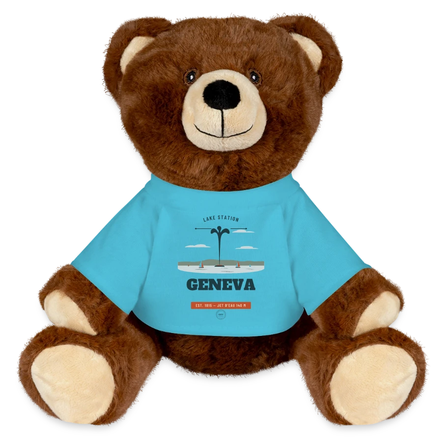 Geneva badge on a minifeet® recycelbär® teddy bear brown, atoll blue