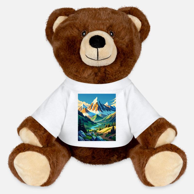 Mountain beauty with trees and a river - MiniFeet® RecycelBär® Teddy Bear Brown - white