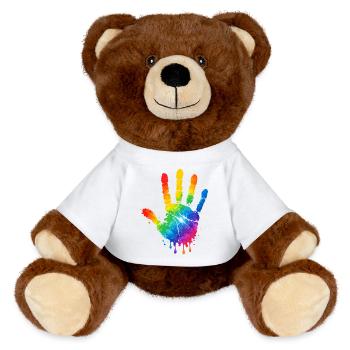 Motif aquarelle colorée à empreintes de main - Nounours RecycelBär® marron - blanc - Devant