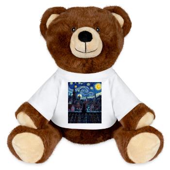 Chat nocturne sur la ville au clair de lune - Nounours RecycelBär® marron - blanc - Devant