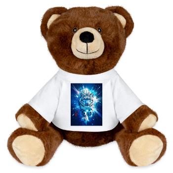 Ein Schneeleopard leuchtet inmitten eines eisblauen und silbernen Sterns - MiniFeet® RecycelBär® Braun - Weiß - Vorne