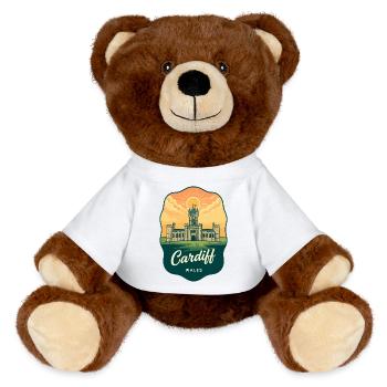 Cardiff Wales Retro Sunset Reiseabzeichen - MiniFeet® RecycelBär® Braun - Weiß - Vorne