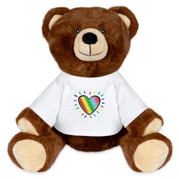Strahlendes Herz in Regenbogen Farben - MiniFeet® RecycelBär® Braun - Weiß - Vorne