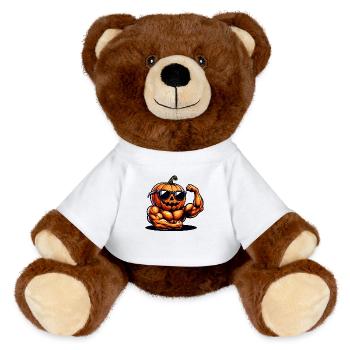 Cooler muskulöser Halloween-Kürbis - MiniFeet® RecycelBär® Braun - Weiß - Vorne