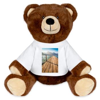 Holzsteg am Bergsee im Sonnenlicht - MiniFeet® RecycelBär® Braun - Weiß - Vorne