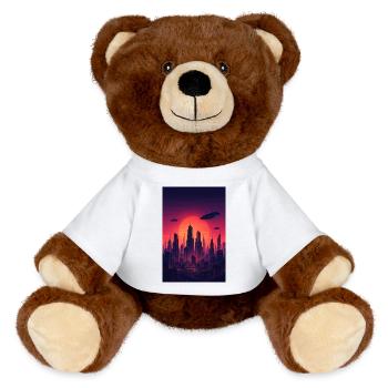 Roter Sonnenuntergang Skyline Zukunft  - MiniFeet® RecycelBär® Braun - Weiß - Vorne