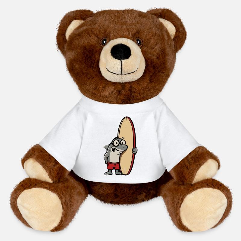 Surfer shark cartoon with surfboard - MiniFeet® RecycelBär® Teddy Bear Brown - white