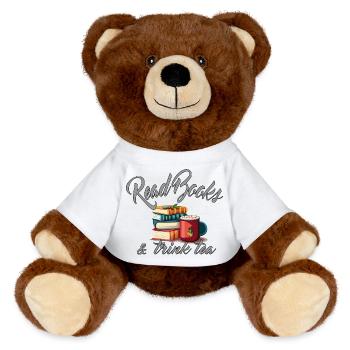 Bibliophile pleasure: drinking tea and reading books - MiniFeet® RecycelBär® Teddy Bear Brown - white - Front