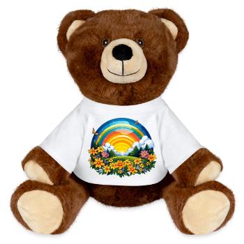 Blühender Regenbogen am Sonnenaufgang - MiniFeet® RecycelBär® Braun - Weiß - Vorne