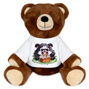 Pug with Cake Cartoon - MiniFeet® RecycelBär® Teddy Bear Brown - white - Front