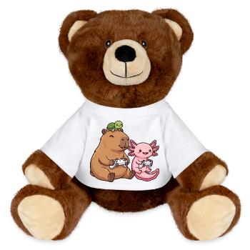 Cute Gaming Capybara Axolotl Turtle Gamer Kawaii  - MiniFeet® RecycelBär® Teddy Bear Brown - white - Front