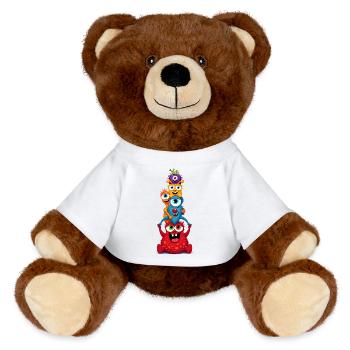 Lustige Monster Familie als bunter Turm  - MiniFeet® RecycelBär® Braun - Weiß - Vorne