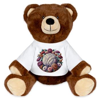 Boule de laine florale avec fleurs - Nounours RecycelBär® marron - blanc - Devant