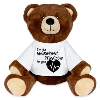 Sweetest Medicine Medizin Arzt Geschenk Spruch - MiniFeet® RecycelBär® Braun - Weiß - Vorne