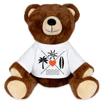 Herz Palmen Surfbrett Sonne Wellen - MiniFeet® RecycelBär® Braun - Weiß - Vorne
