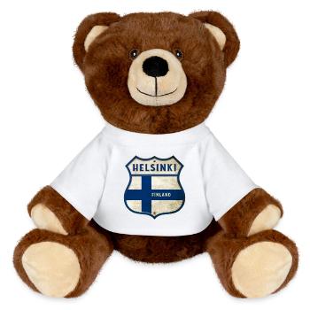 Helsinki Finnland Wappen Design - MiniFeet® RecycelBär® Braun - Weiß - Vorne