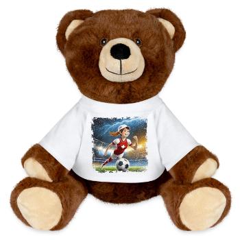 Fussballerin Comicfigur Stadion mit Blitzen - MiniFeet® RecycelBär® Braun - Weiß - Vorne