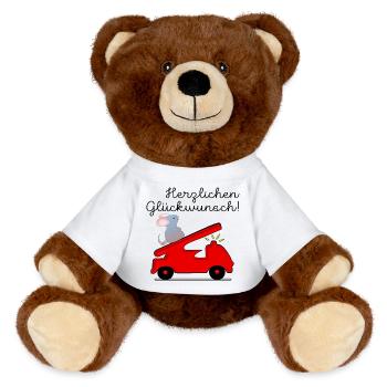 KINDERGEBURTSTAG FEUERWEHRAUTO - MiniFeet® RecycelBär® Braun - Weiß - Vorne