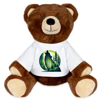 Silhouette heulender Wolf mit grünem Wald - MiniFeet® RecycelBär® Braun - Weiß - Vorne