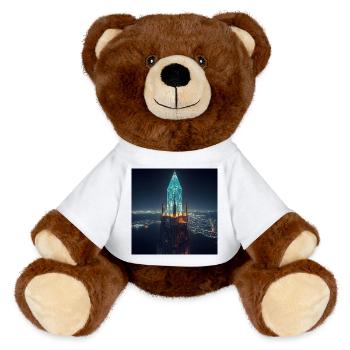 Leuchtender Wolkenkratzer bei Nacht - MiniFeet® RecycelBär® Braun - Weiß - Vorne