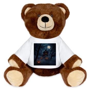 Haunted house under moon and pumpkins - MiniFeet® RecycelBär® Teddy Bear Brown - white - Front