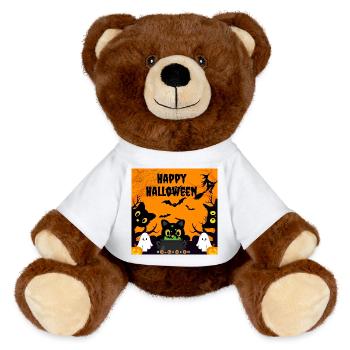 Cute Halloween Black Cats and Ghost Friends - MiniFeet® RecycelBär® Teddy Bear Brown - white - Front