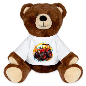 Roter Traktor mit Farbspritzern  - MiniFeet® RecycelBär® Braun - Weiß - Vorne