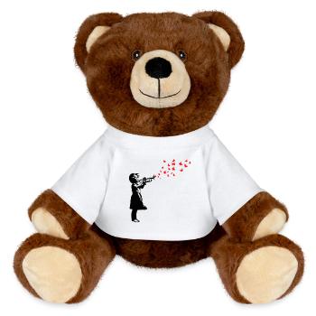 Girl and butterflies with trumpet, Banksy style - MiniFeet® RecycelBär® Teddy Bear Brown - white - Front