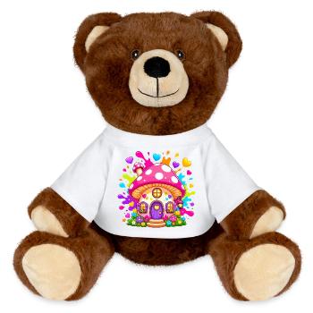 Maison de conte de fées aux champignons avec fenêtres en forme de cœur - Nounours RecycelBär® marron - blanc - Devant