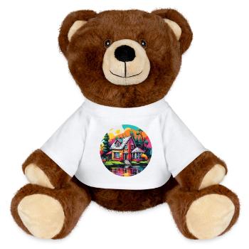Lakeside House / Cabin / Lake / Mountains / Nature /Forest - MiniFeet® RecycelBär® Teddy Bear Brown - white - Front