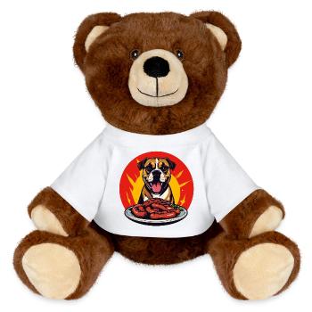 Motif amusant de chien avec assiette de saucisses, grillant des saucisses - Nounours RecycelBär® marron - blanc - Devant