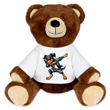 Cooler Dobermann Dabbing Hund Cartoon Stil - MiniFeet® RecycelBär® Braun - Weiß - Vorne