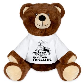 alte Lok Eisenbahn Schmalspur Illustration lustig - MiniFeet® RecycelBär® Braun - Weiß - Vorne