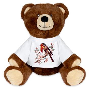 charmant rouge-gorge entouré de cerisiers en fleurs - Nounours RecycelBär® marron - blanc - Devant