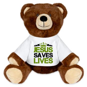 jesus saves lives - MiniFeet® RecycelBär® Braun - Weiß - Vorne