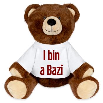 I bin a Bazi – Bayerischer Spruch mit Humor - MiniFeet® RecycelBär® Braun - Weiß - Vorne