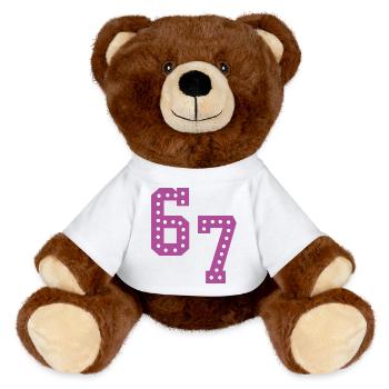 6 7 – Trendy minimalist text design, - MiniFeet® RecycelBär® Teddy Bear Brown - white - Front